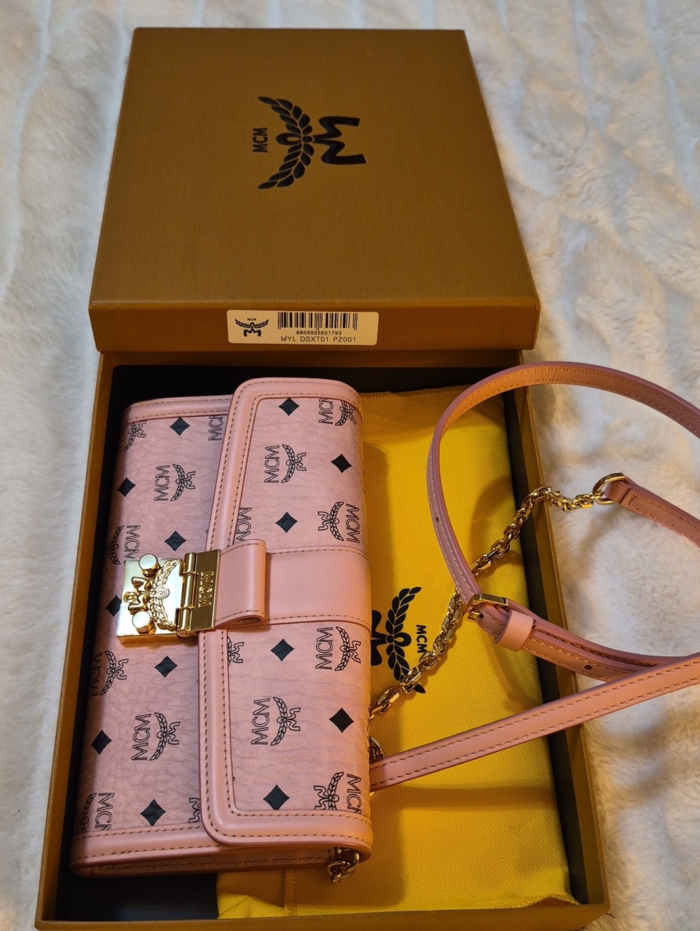 MCM Pink Visetos Logo Chain Crossbody with Gold Hardware